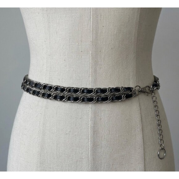 Vintage 80s Silver Black Heavy Interwoven Double Chain Belt Punk Rock Goth - Picture 5 of 5